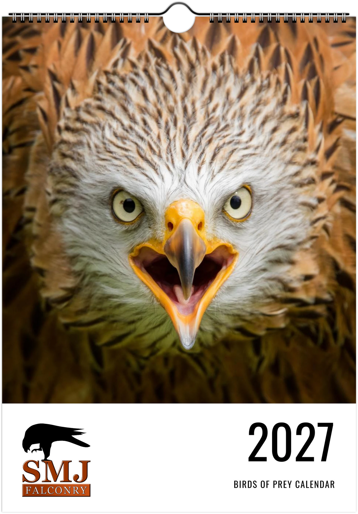A 2027 spiral-bound birds of prey calendar cover featuring a close-up eagle face with the SMJ Falconry logo and '2027 BIRDS OF PREY CALENDAR' text at the bottom.
